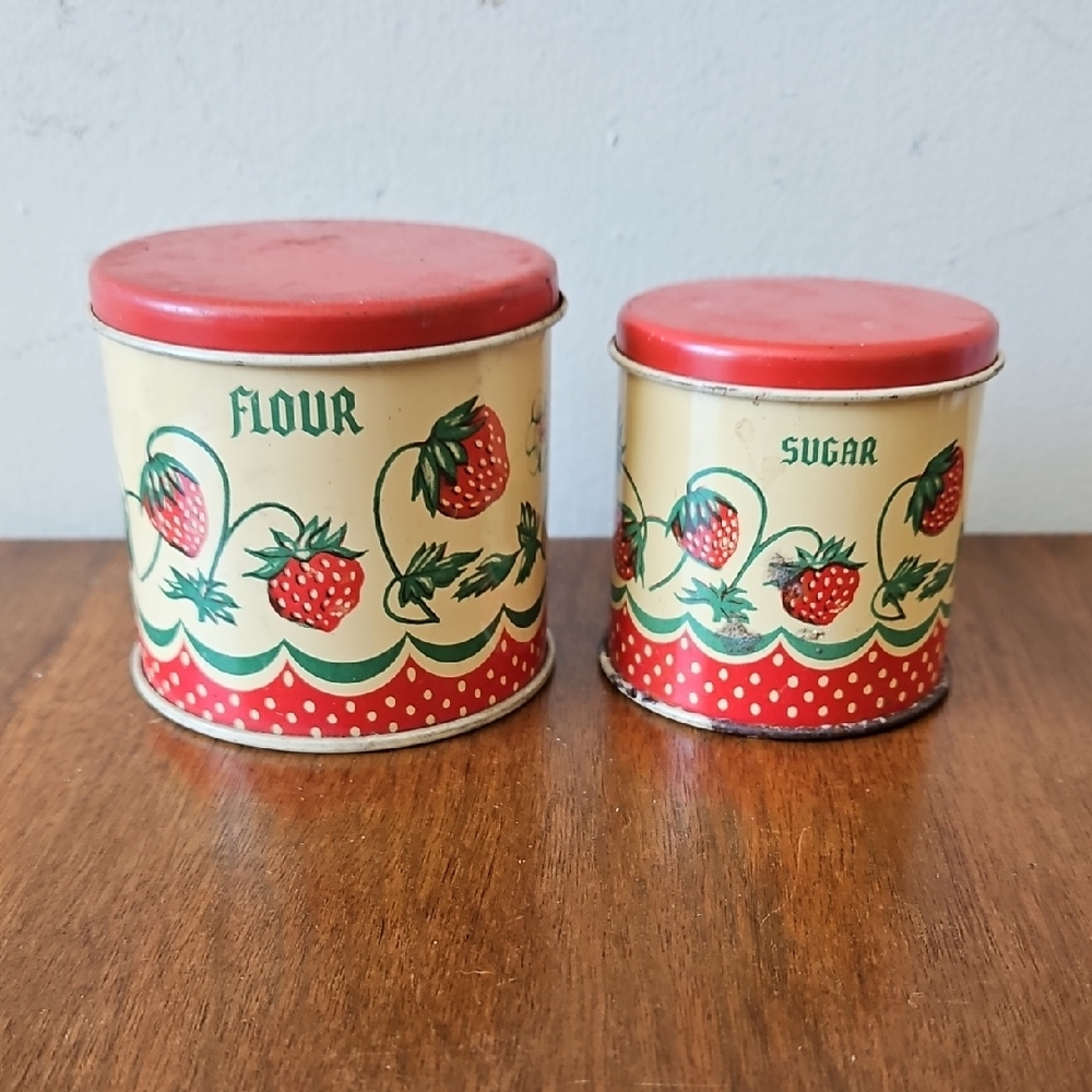 Vintage 1950's Wolverine Childrens Toy  Strawberry Flour & Sugar Cannisters